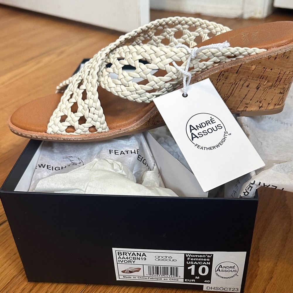 Andre Assous Cream and Brown Wedge Sandals